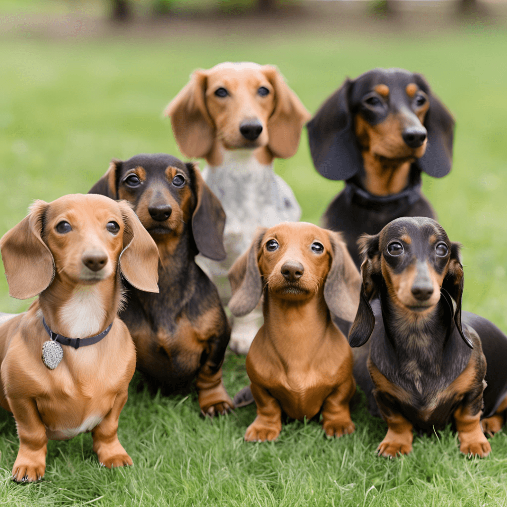 A group of Dachshunds with smooth, long-haired, and wirehaired coats sitting together in a park.