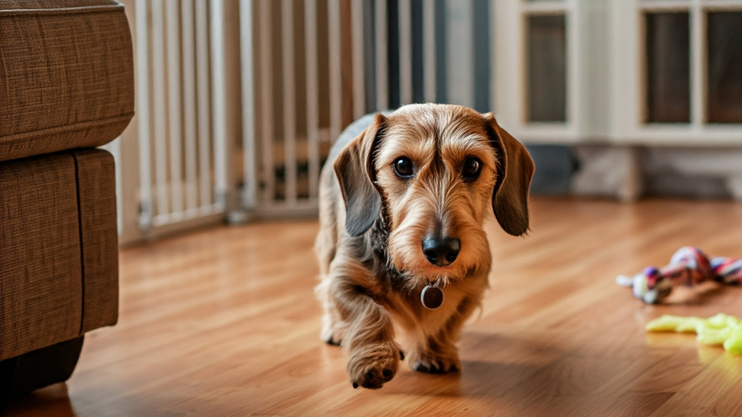 A playful Dachshund exploring a pet-proofed living room with toys and baby gates in place.