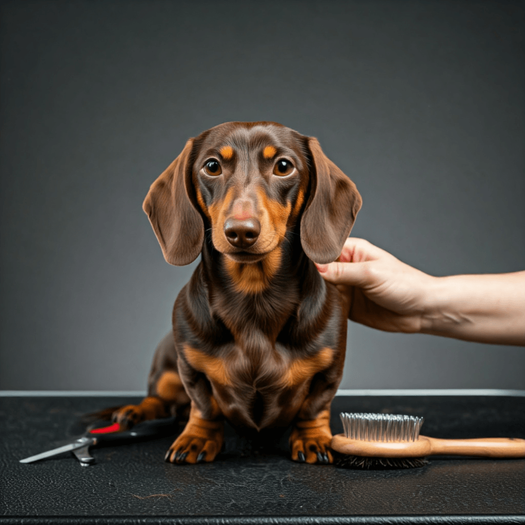 A Dachshund being groomed with a brush, showcasing care for its smooth coat.