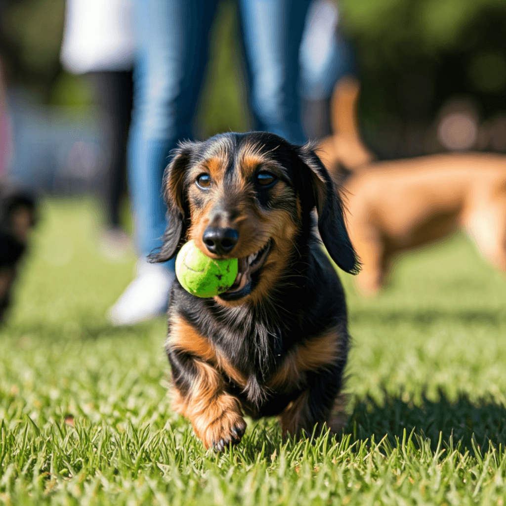A happy Dachshund playing fetch with its owner at a dog park, showcasing training and socialization.