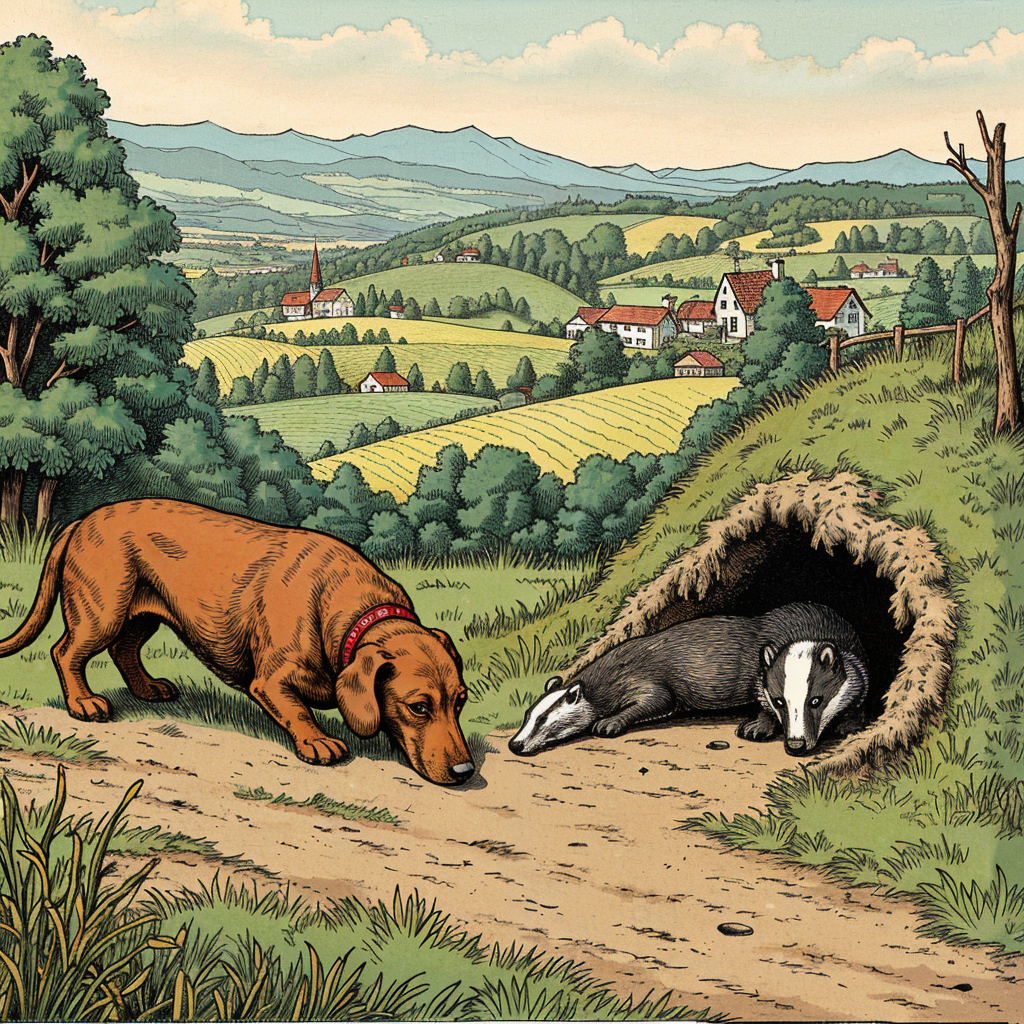 Dachshund in a rustic German countryside, showcasing the breed's origins as badger hunters.