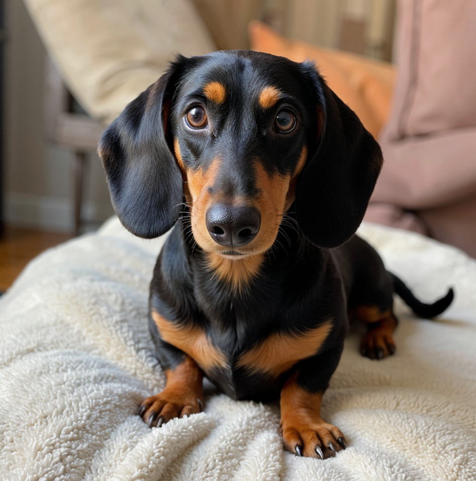 Portrait of a Dachshund sitting on a cozy blanket with a warm home setting in the background.